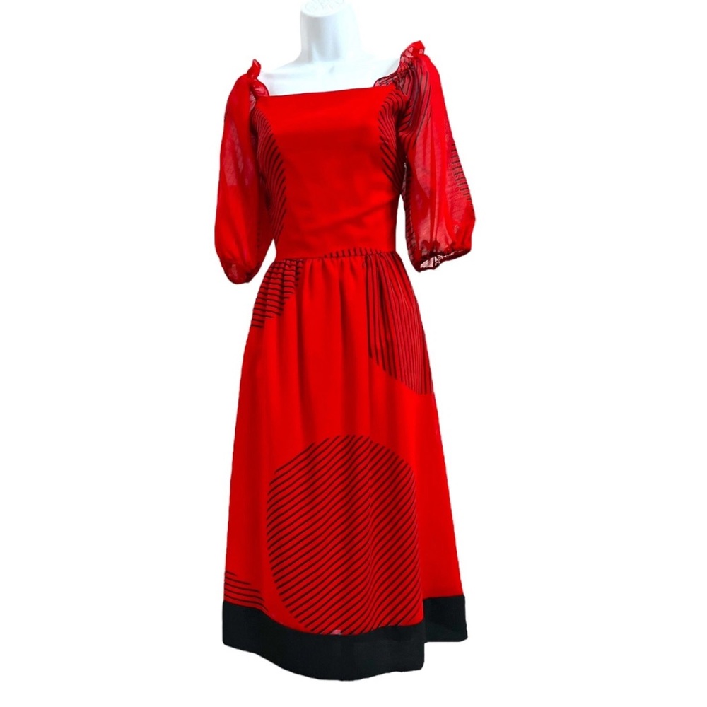 Vintage 1980s Cinnamon Red Op Art Puff Sleeve Off Shoulder Midi Dress M - Picture 4 of 8